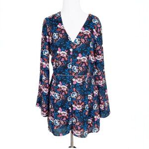 v neck floral romper long bell sleeves peek a boo lace detail boho size large